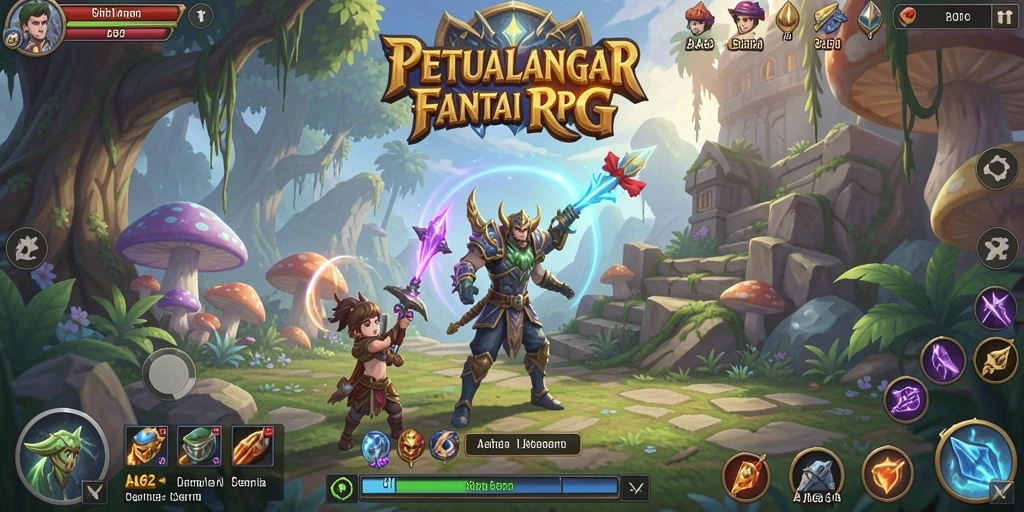 Screenshot gameplay utama AA62 menampilkan aksi petualangan RPG yang mendebarkan.