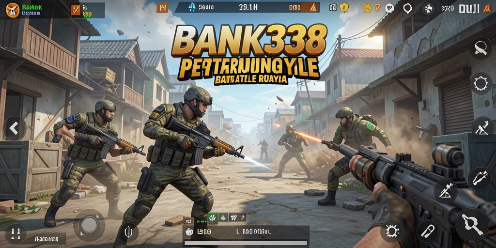 Screenshot BANK338 menampilkan adegan pertempuran intens di arena Battle Royale.