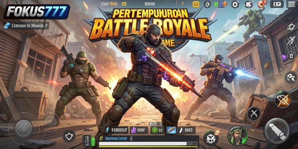 Screenshot FOKUS777 menampilkan aksi Battle Royale yang intens dan mendebarkan.