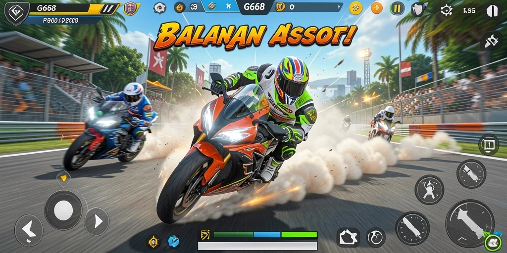 Screenshot G668 menampilkan aksi balapan motor yang seru dan mendebarkan.