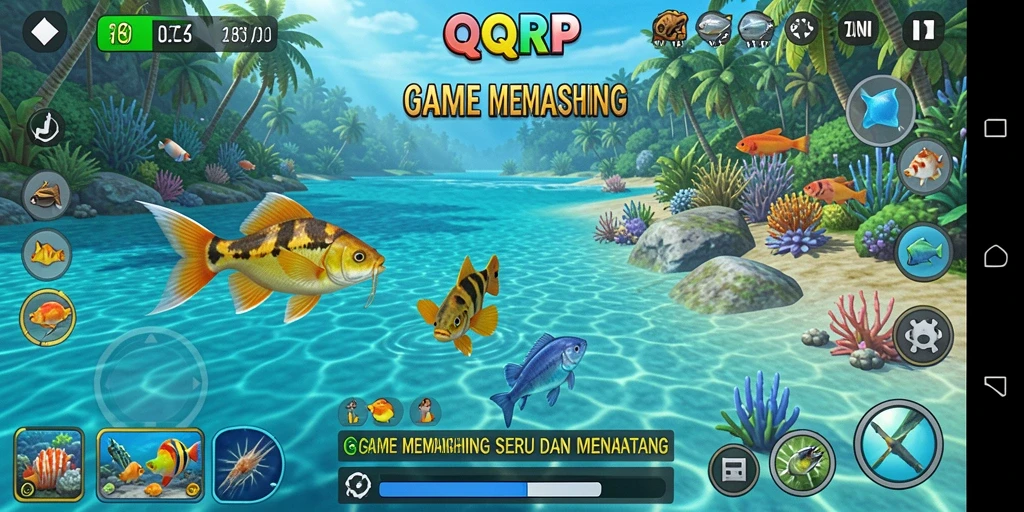 Screenshot utama QQRP menampilkan aksi seru dalam memancing dengan berbagai ikan.