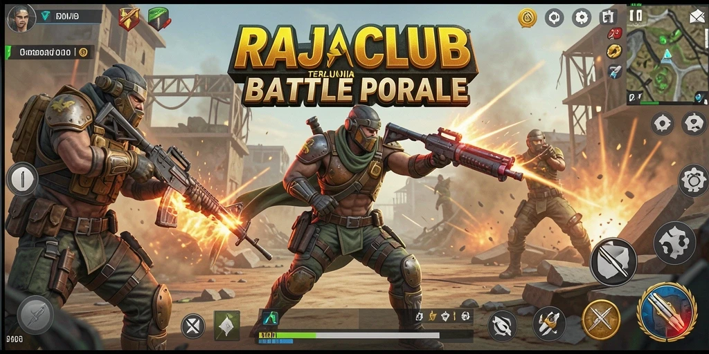 Tangkapan layar gameplay RAJACLUB menampilkan aksi seru dalam pertempuran Battle Royale.