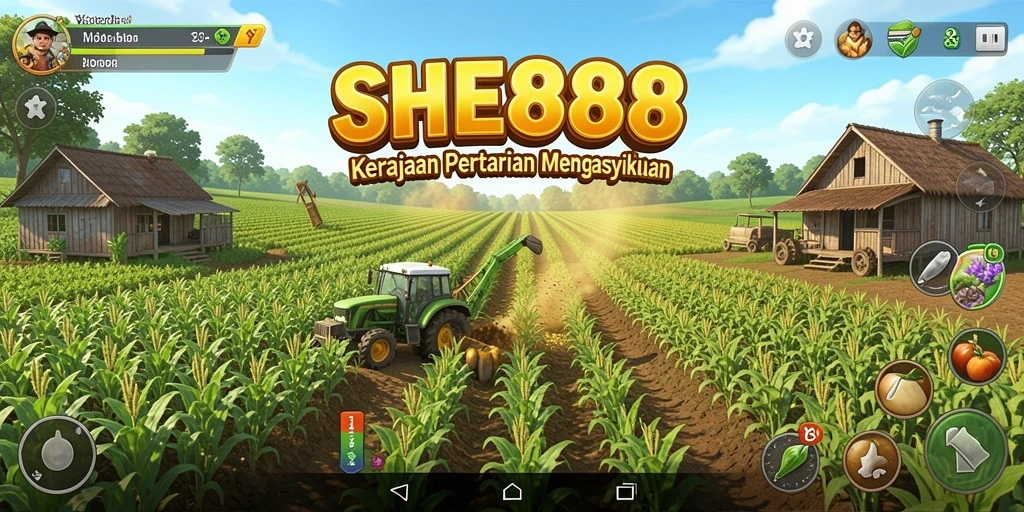 Screenshot gameplay SHE888 dengan ladang yang subur dan tanaman yang tumbuh.